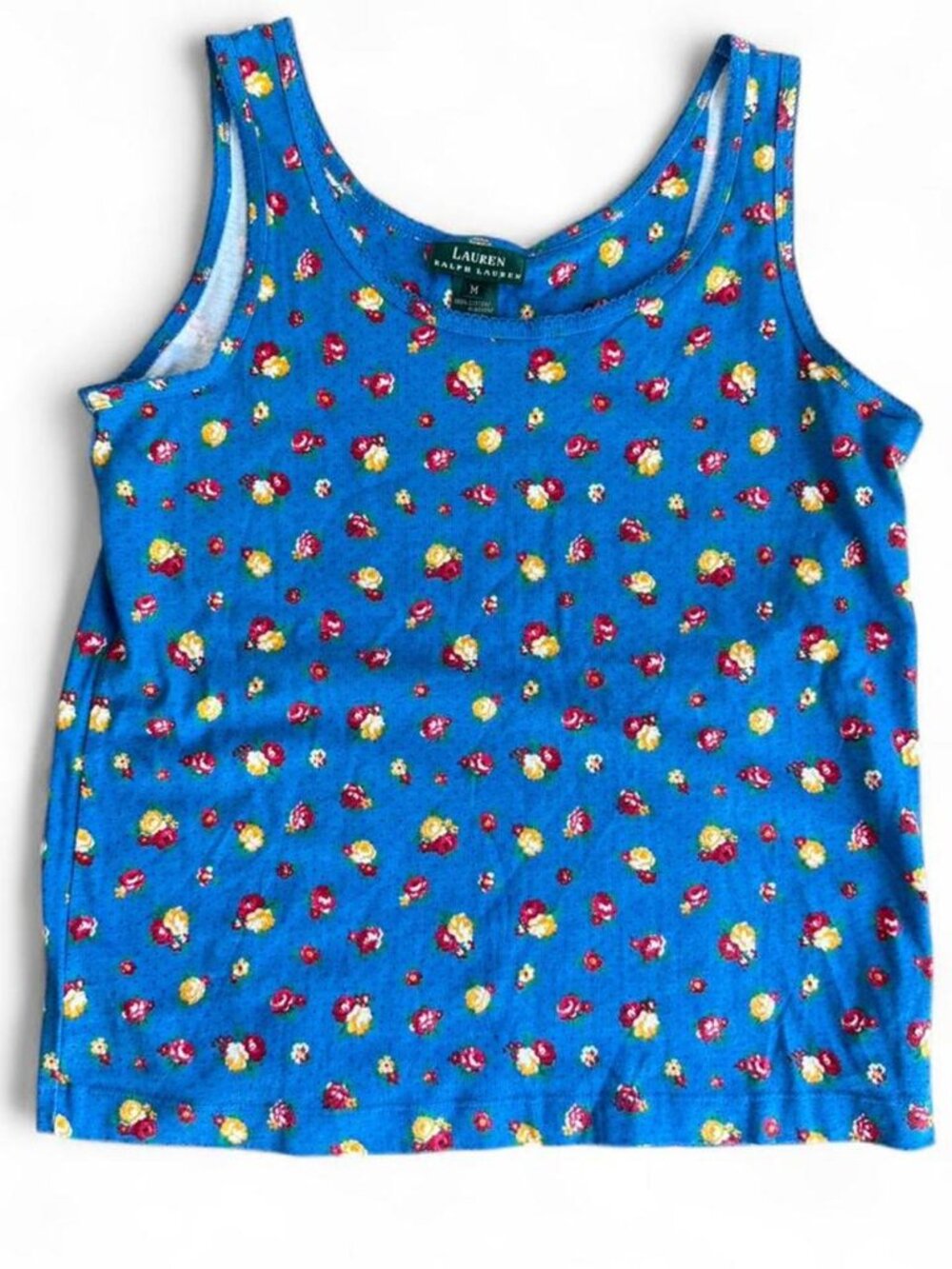 Ralph Lauren blue floral tank top with tiny polka dots